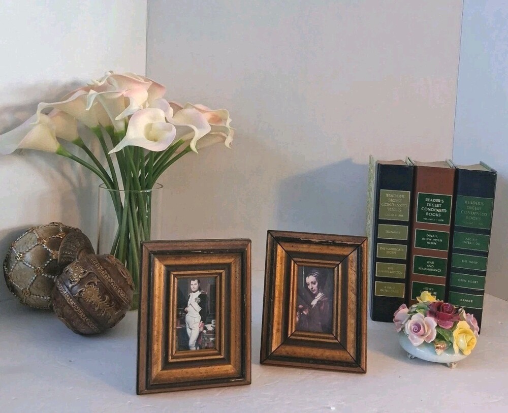Vtg Napoleon & Madame de Staël Mini Prints in Faux-Burl Frame (Pair)